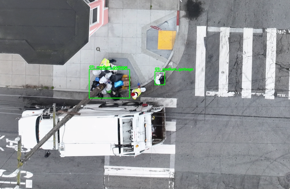 AI detection identifying illegal dumping with bounding boxes, followed by cleanup crew and dump truck removing the waste