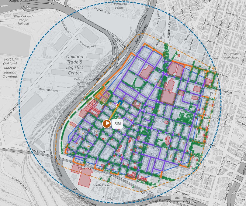 Map of West Oakland showing color-coded survey flight paths and coverage routes across the street grid